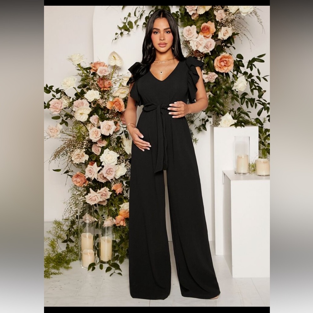 SHEIN Maternity Ruffle Trim Belted Wide Leg Jumpsuit, For Party